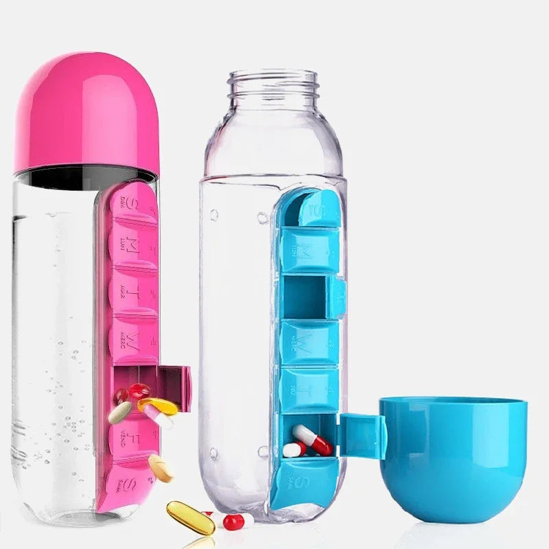 2 in 1 600ml 7 Grids Medicine Box Water Cup Sports Plastic Water Bottle Pill Boxes Organizer