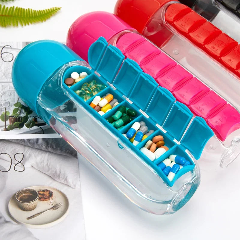 2 in 1 600ml 7 Grids Medicine Box Water Cup Sports Plastic Water Bottle Pill Boxes Organizer