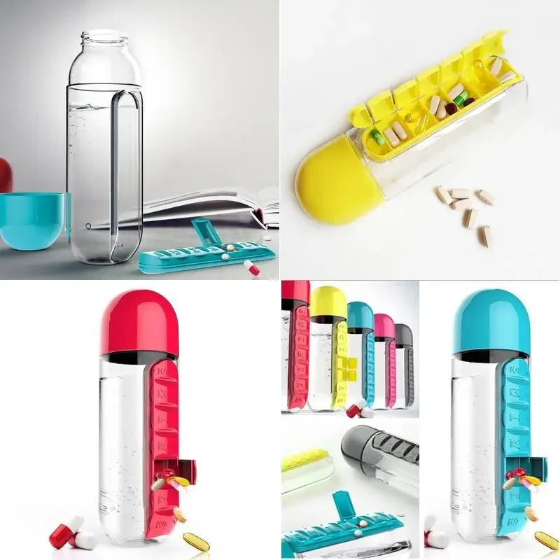 2 in 1 600ml 7 Grids Medicine Box Water Cup Sports Plastic Water Bottle Pill Boxes Organizer