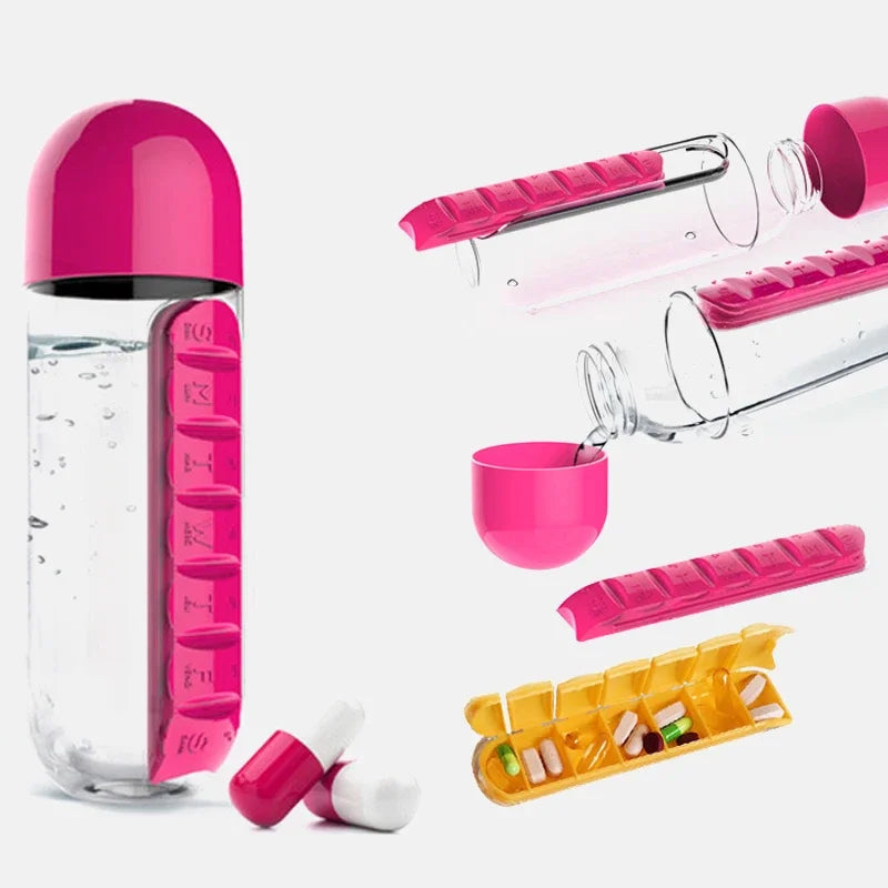 2 in 1 600ml 7 Grids Medicine Box Water Cup Sports Plastic Water Bottle Pill Boxes Organizer