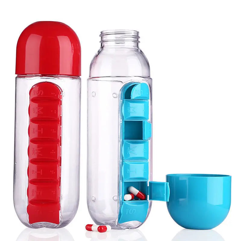 2 in 1 600ml 7 Grids Medicine Box Water Cup Sports Plastic Water Bottle Pill Boxes Organizer