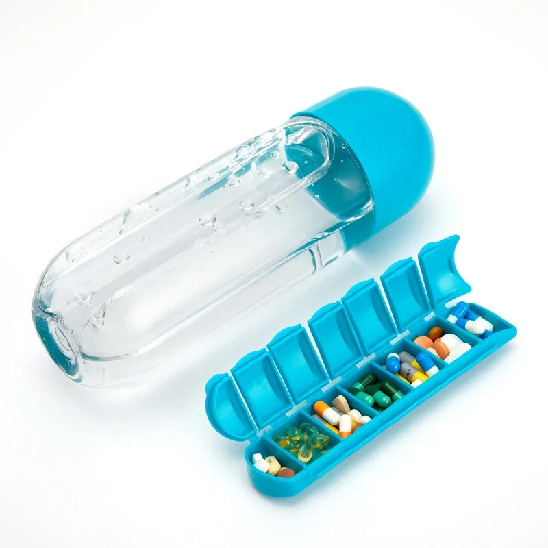 2 in 1 600ml 7 Grids Medicine Box Water Cup Sports Plastic Water Bottle Pill Boxes Organizer