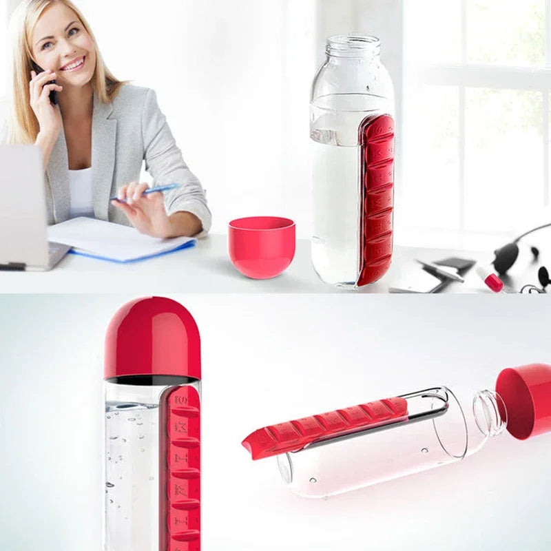 2 in 1 600ml 7 Grids Medicine Box Water Cup Sports Plastic Water Bottle Pill Boxes Organizer