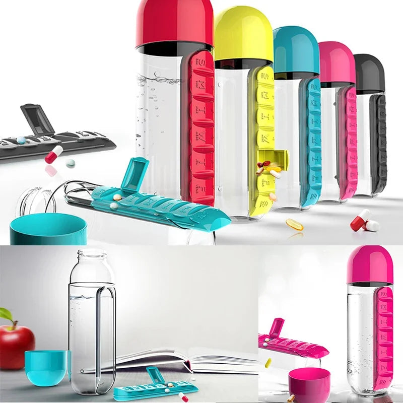 2 in 1 600ml 7 Grids Medicine Box Water Cup Sports Plastic Water Bottle Pill Boxes Organizer