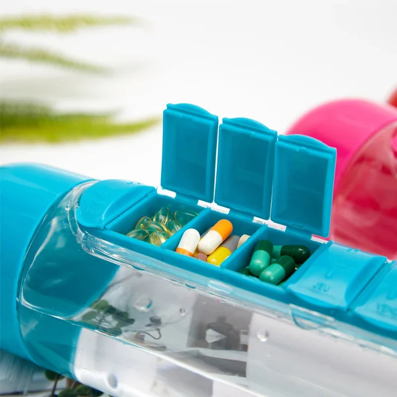 2 in 1 600ml 7 Grids Medicine Box Water Cup Sports Plastic Water Bottle Pill Boxes Organizer