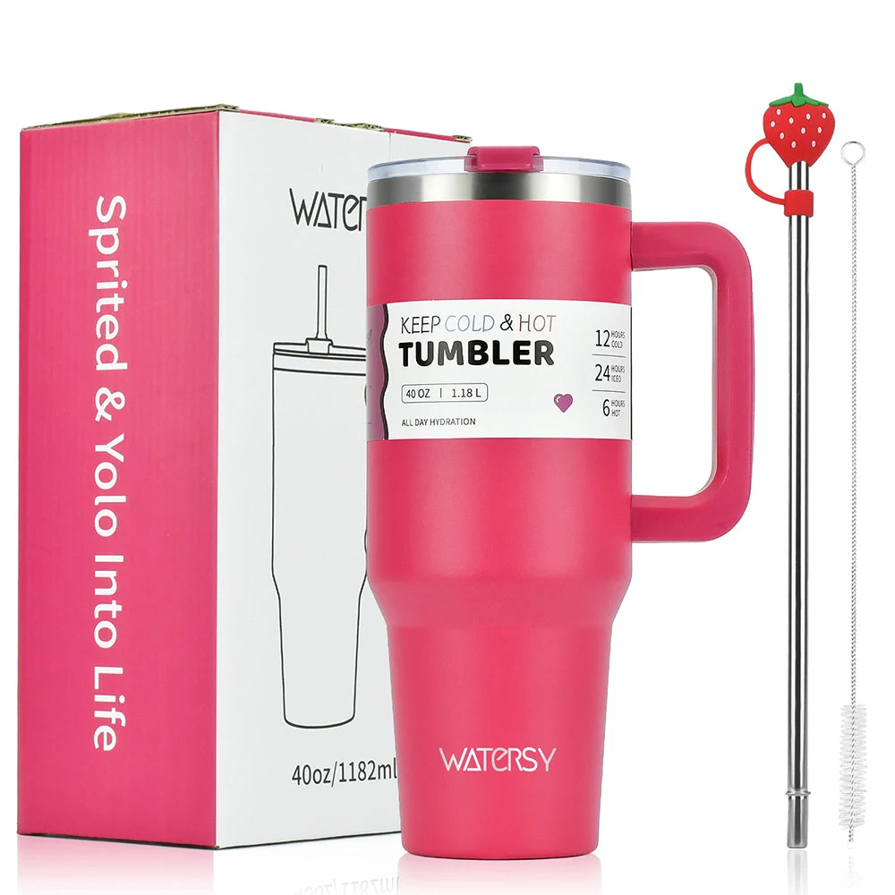 Watersy 30oz/40oz Tumbler with Handle and Straw - Stainless Steel Thermal Bottle Double 304 Vacuum Insulated Cup --
