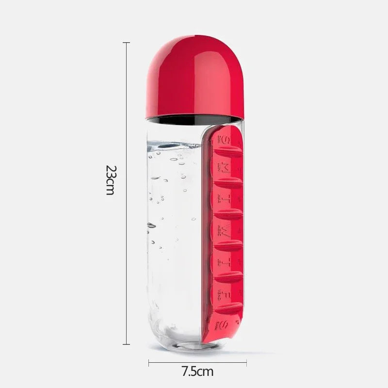 2 in 1 600ml 7 Grids Medicine Box Water Cup Sports Plastic Water Bottle Pill Boxes Organizer