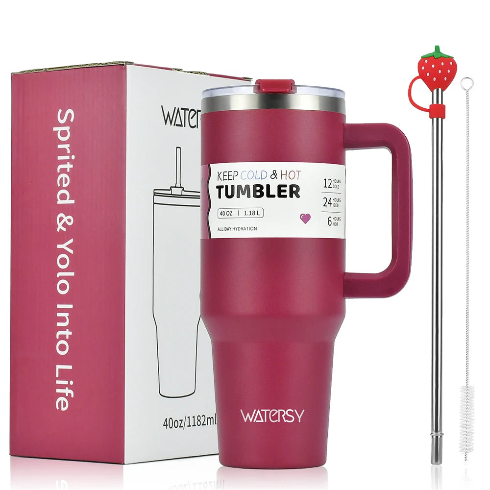 Watersy 30oz/40oz Tumbler with Handle and Straw - Stainless Steel Thermal Bottle Double 304 Vacuum Insulated Cup --