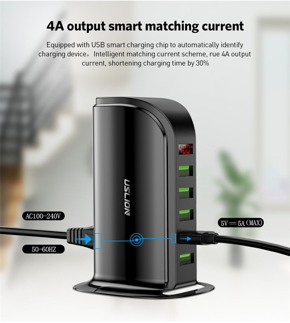 USLION 5 Multi Port USB Charger Hub with LED Display
