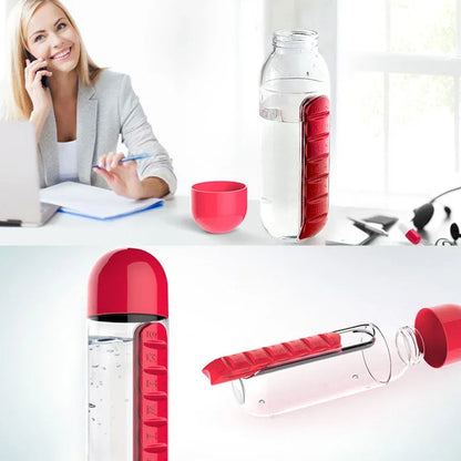 2 in 1 600ml 7 Grids Medicine Box Water Cup Sports Plastic Water Bottle Pill Boxes Organizer